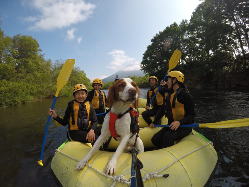 ニセコでペット（犬）（ワンちゃん）とラフティングを楽しむ家族